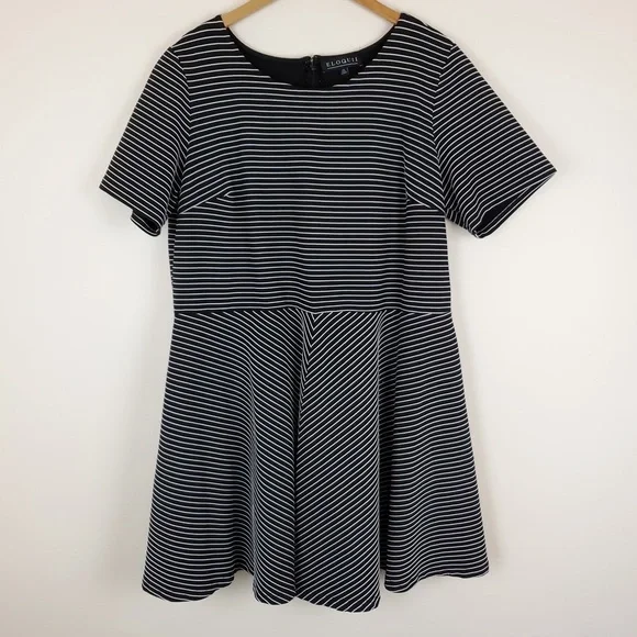 Eloquii Fit and Flare Black & White Stripe Dress - Picture 1 of 6